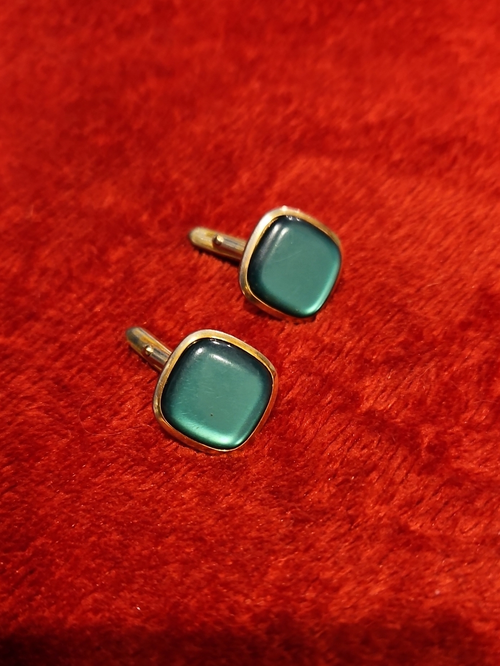 Vintage Gold-Tone Green Square Cabochon Cufflinks